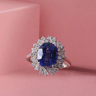 D'Joy Premium Kashmir Kyanite and Moissanite 5.50 ctw Ring in Rhodium Over Sterling Silver (Size 5.0)