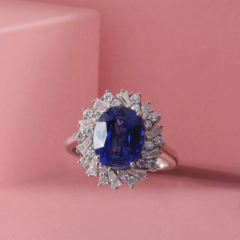 D'Joy Premium Kashmir Kyanite and Moissanite 5.50 ctw Ring in Rhodium Over Sterling Silver (Size 5.0)
