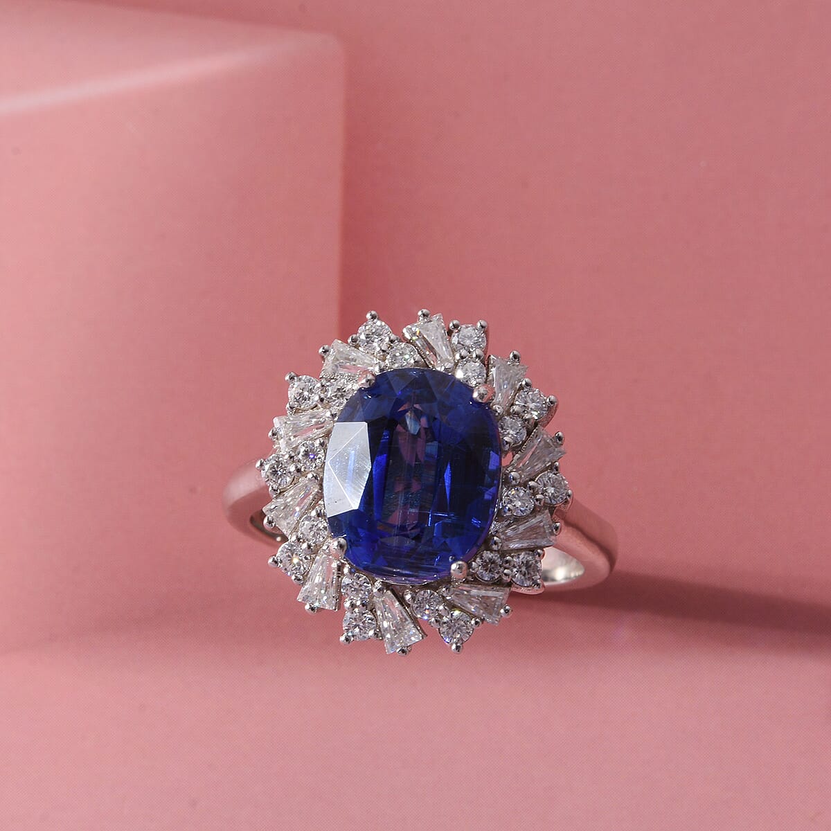 D'Joy Premium Kashmir Kyanite and Moissanite 5.50 ctw Royal Starburst Ring in Rhodium Over Sterling Silver (Size 8.0) image number 1