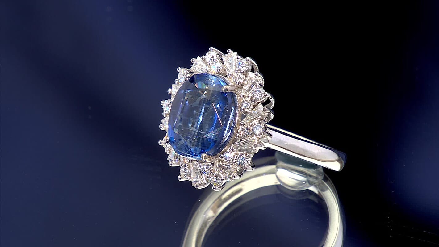D'Joy Premium Kashmir Kyanite, Moissanite Starburst Halo Ring in Sterling Silver (Size 10) 5.50 ctw