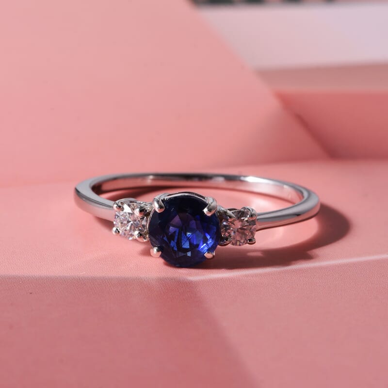 D'Joy Premium Kashmir Kyanite and Moissanite 1.30 ctw Regal Trilogy Ring in Rhodium Over Sterling Silver (Size 5.0)