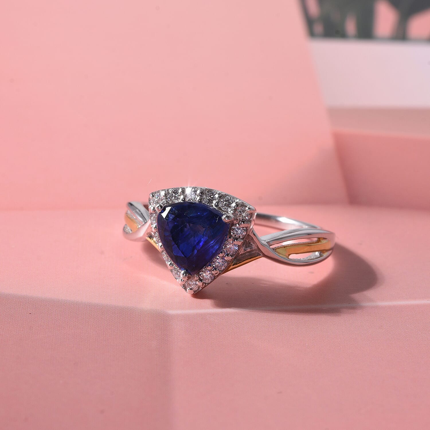 D'Joy Premium Kashmir Kyanite and Moissanite 2.00 ctw Trillion Crown Ring in 18K Vermeil YG and Rhodium Over Sterling Silver (Size 6.0)