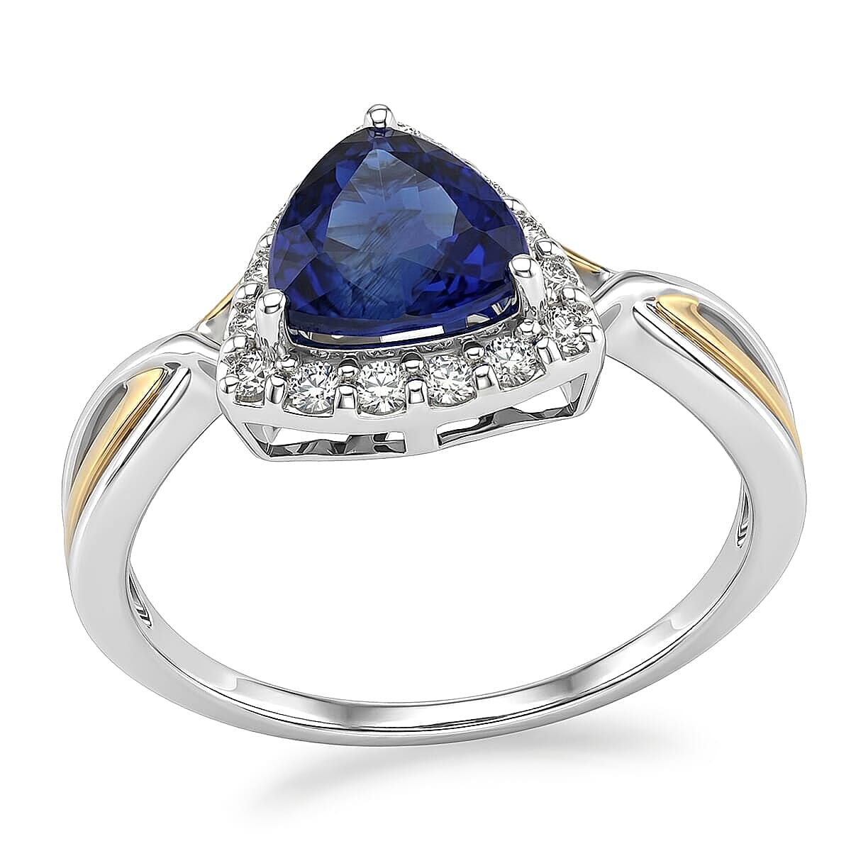 D'Joy Premium Kashmir Kyanite and Moissanite 2.00 ctw Trillion Crown Ring in 18K Vermeil YG and Rhodium Over Sterling Silver (Size 9.0)