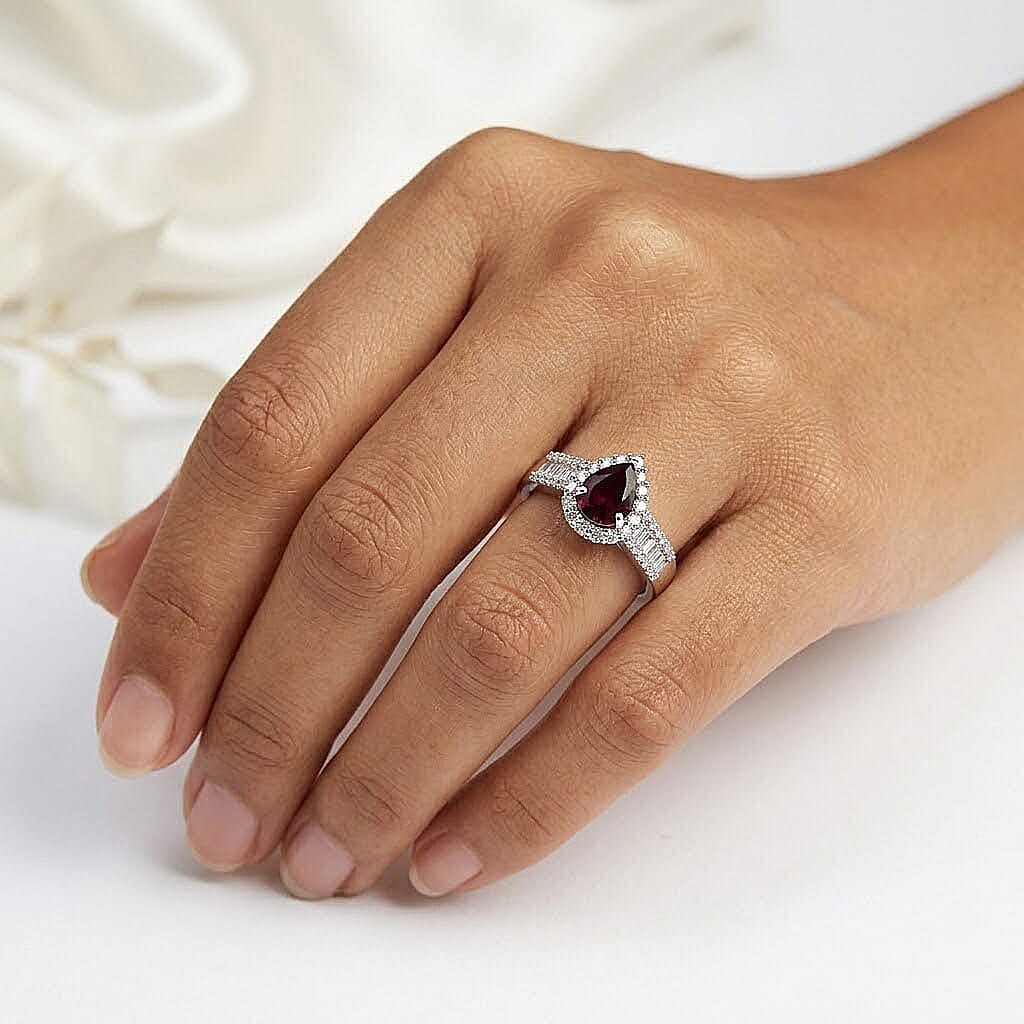 D'Joy AAA Radiant Ember Garnet, Moissanite Ring in Rhodium Over Sterling Silver (Size 5.0) 2.00 ctw
