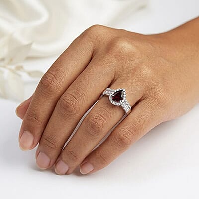 D'Joy AAA Radiant Ember Garnet, Moissanite Ring in Rhodium Over Sterling Silver (Size 5.0) 2.00 ctw
