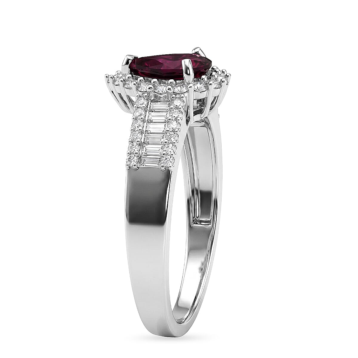 D'Joy AAA Radiant Ember Garnet, Moissanite Ring in Rhodium Over Sterling Silver (Size 5.0) 2.00 ctw