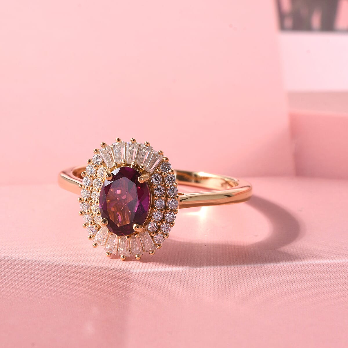 D'Joy AAA Radiant Ember Garnet and Moissanite 2.00 ctw Scarlet Crown Halo Ring in 18K Vermeil Yellow Gold Over Sterling Silver (Size 10.0) image number 1