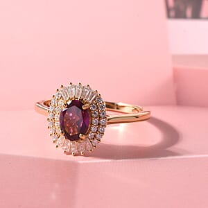 D'Joy AAA Radiant Ember Garnet and Moissanite 2.00 ctw Scarlet Crown Halo Ring in 18K Vermeil Yellow Gold Over Sterling Silver (Size 10.0)