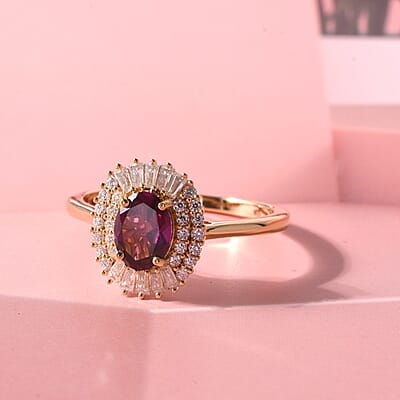 D'Joy AAA Radiant Ember Garnet and Moissanite 2.00 ctw Scarlet Crown Halo Ring in 18K Vermeil Yellow Gold Over Sterling Silver (Size 5.0)