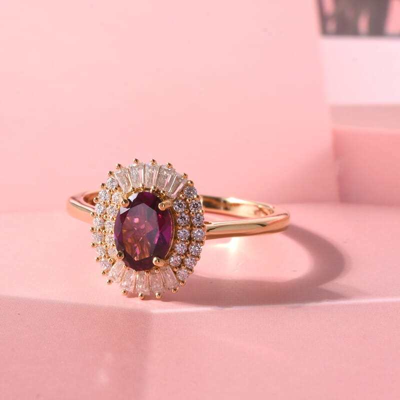 D'Joy AAA Radiant Ember Garnet and Moissanite 2.00 ctw Scarlet Crown Halo Ring in 18K Vermeil Yellow Gold Over Sterling Silver (Size 5.0)