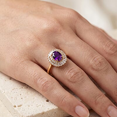 D'Joy AAA Radiant Ember Garnet and Moissanite 2.00 ctw Scarlet Crown Halo Ring in 18K Vermeil Yellow Gold Over Sterling Silver (Size 5.0)
