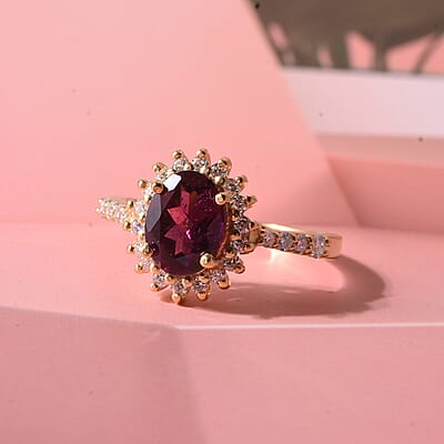 D'Joy AAA Radiant Ember Garnet and Moissanite 2.50 ctw Royal Floral Halo Ring in 18K Vermeil Yellow Gold Over Sterling Silver (Size 6.0)