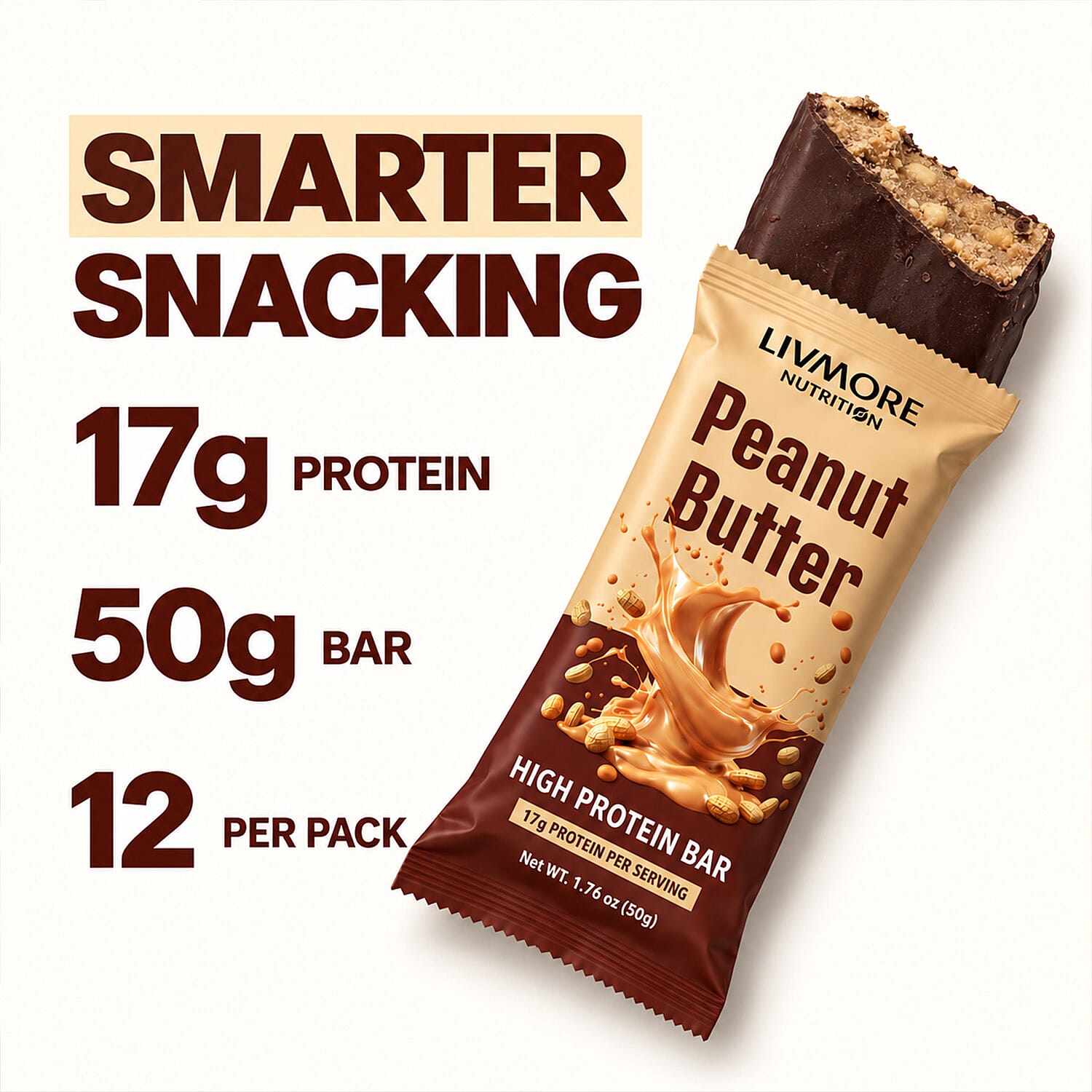 Livmore Nutrition Set of 12 Peanut Butter Bar 21.16oz (17g Protein Per Serving)