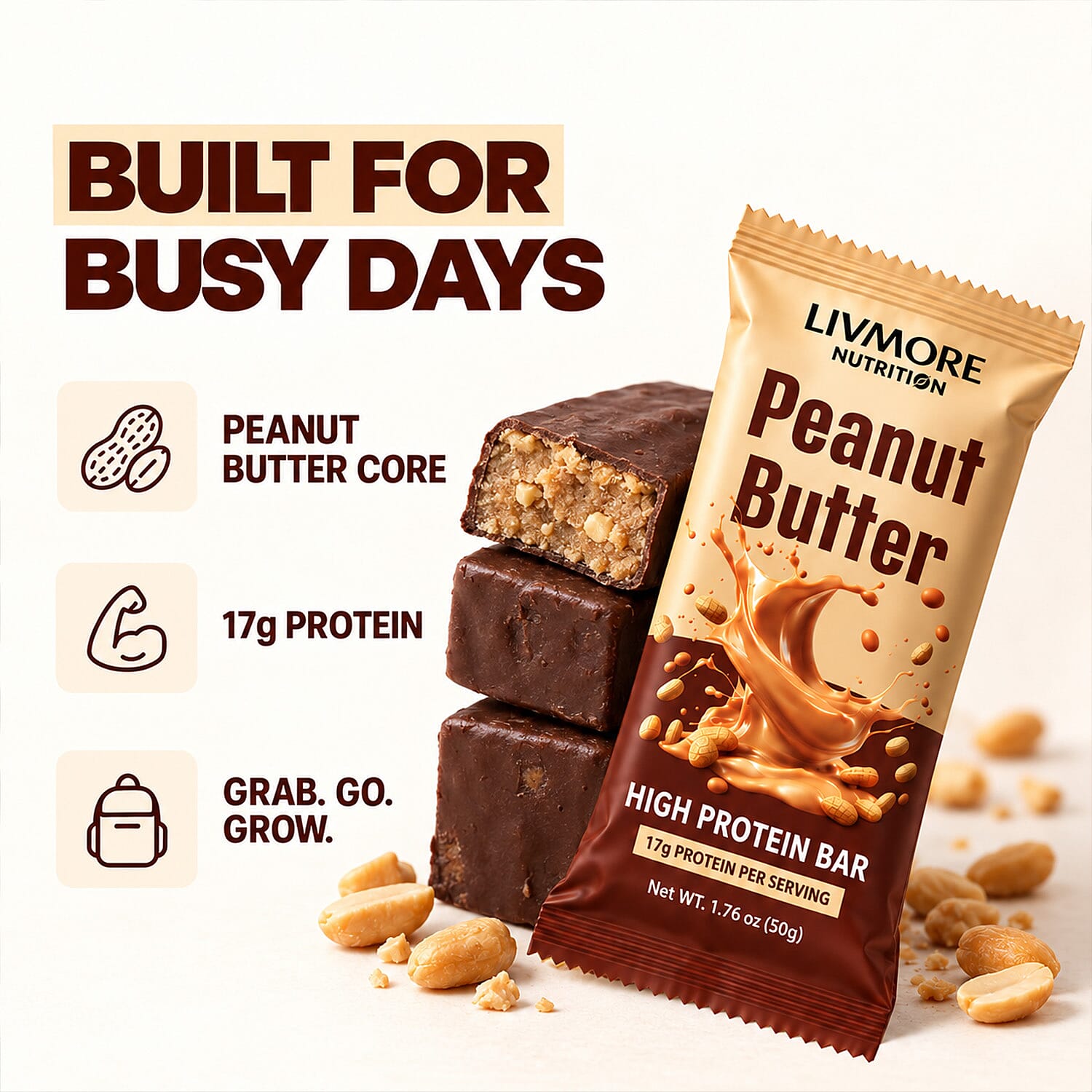 Livmore Nutrition Set of 12 Peanut Butter Bar 21.16oz (17g Protein Per Serving)