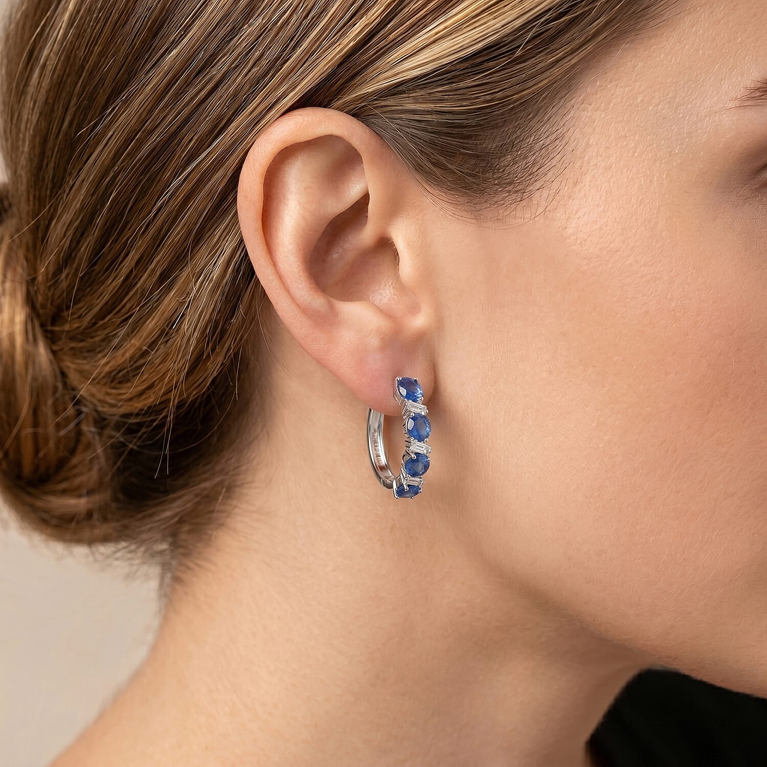 D'Joy Premium Kashmir Kyanite and Moissanite 5.75 ctw Blue Majesty Hoop Earrings in Rhodium Over Sterling Silver