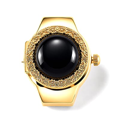 Strada Black Obsidian 5.00 ctw Japanese Movement Ring Watch with ION Plated YG Stainless Steel Strap (Size 5-7)