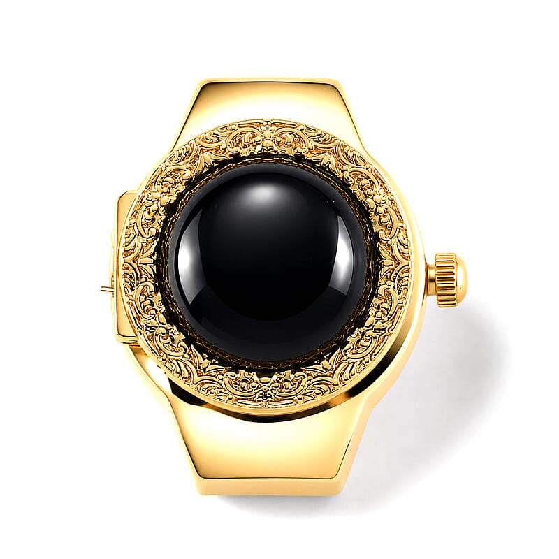 Strada Black Obsidian 5.00 ctw Japanese Movement Ring Watch with ION Plated YG Stainless Steel Strap (Size 5-7)