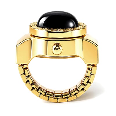 Strada Black Obsidian 5.00 ctw Japanese Movement Ring Watch with ION Plated YG Stainless Steel Strap (Size 5-7)