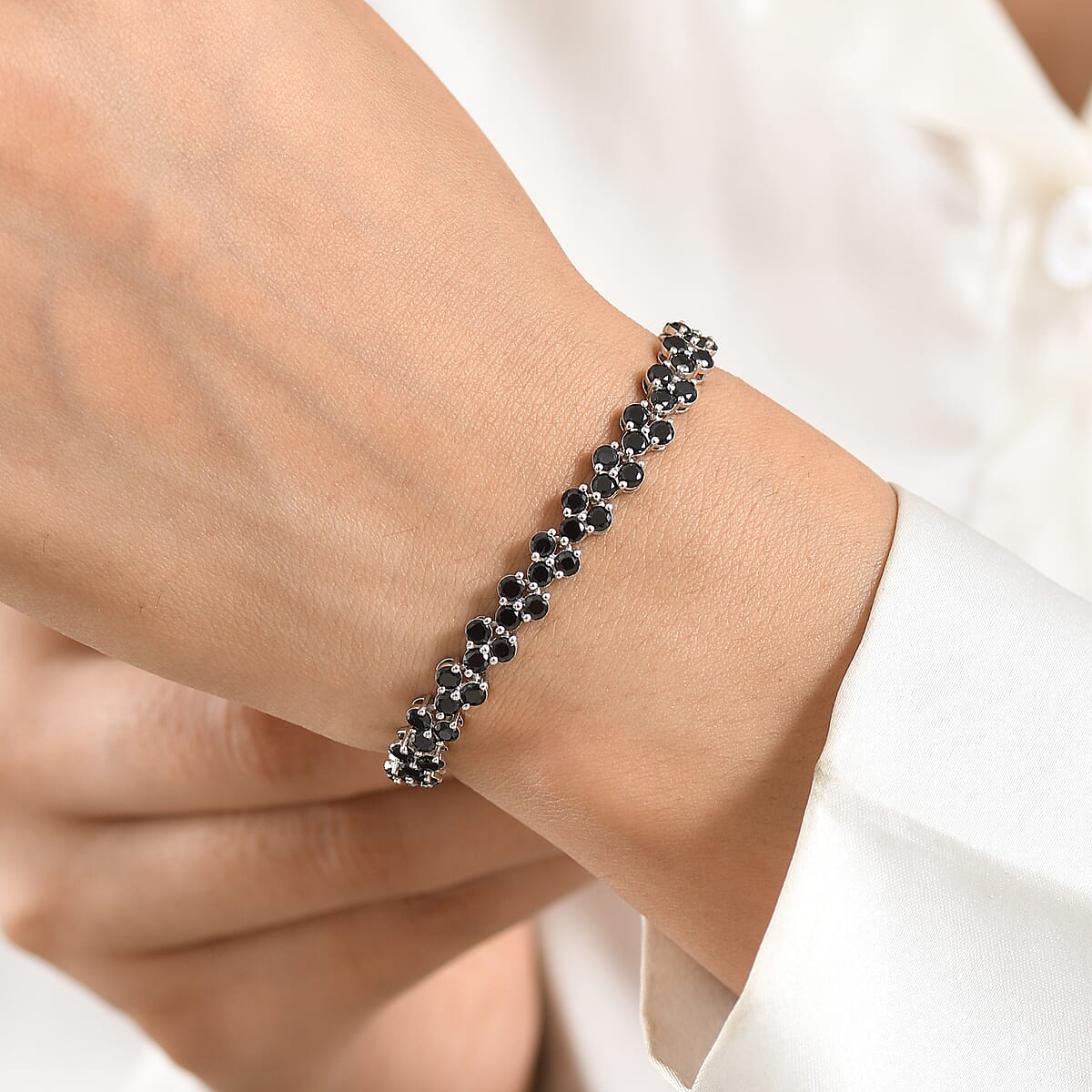EverTrue Thai Black Spinel 9.00 ctw Midnight Blossom 3-Row Bracelet in Platinum Bond (6.50 In) image number 2
