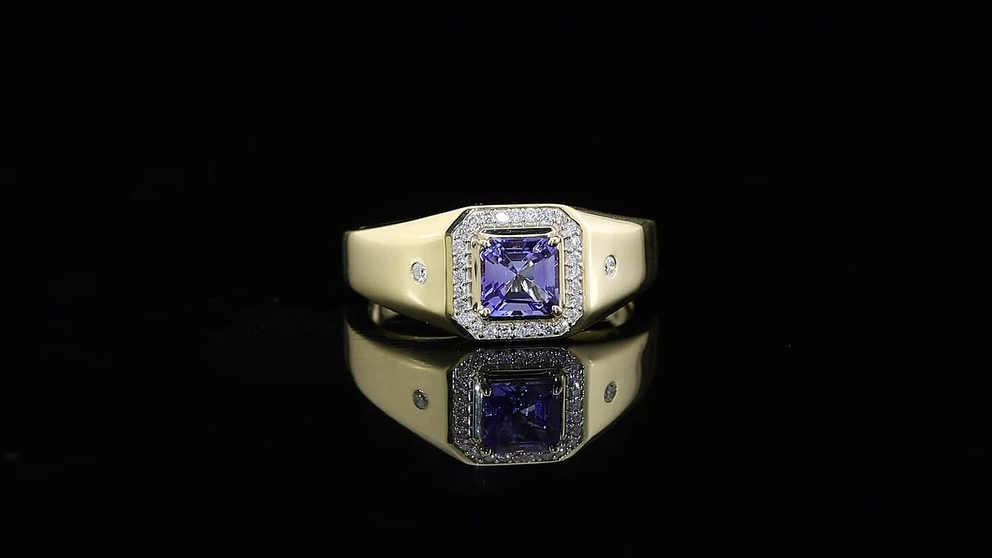 Luxoro Asscher Cut Premium Tanzanite and Diamond I2 1.50 ctw Men's Ring in 10K Yellow Gold 5.85 Grams