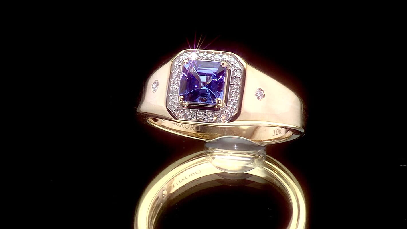 Luxoro Asscher Cut Premium Tanzanite and Diamond I2 1.50 ctw Men's Ring in 10K Yellow Gold 5.85 Grams