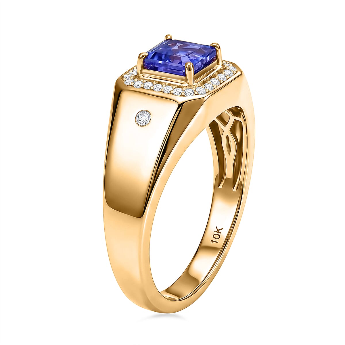 Luxoro Asscher Cut Premium Tanzanite and Diamond I2 1.30 ctw Men's Ring in 10K Yellow Gold (Size 11.0) 5.85 Grams