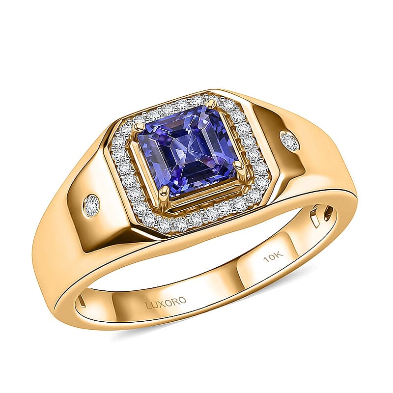 Luxoro Asscher Cut Premium Tanzanite and Diamond I2 1.30 ctw Men's Ring in 10K Yellow Gold (Size 8.0) 5.85 Grams