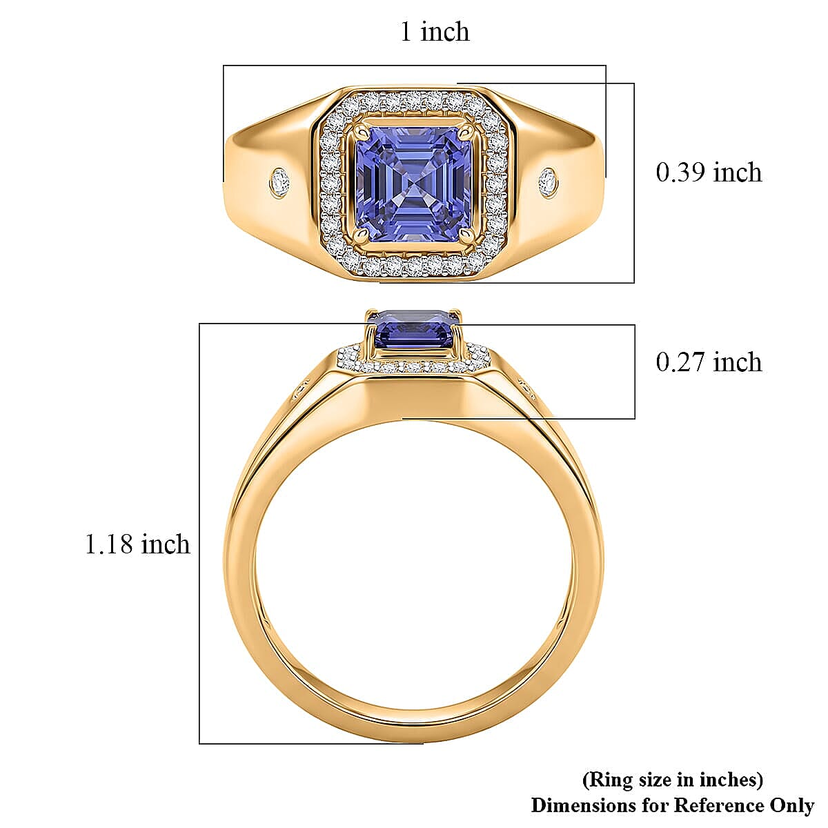 Luxoro 10K Yellow Gold Asscher Cut Premium Tanzanite, Diamond (I2) (0.19 cts) Men's Ring (Size 8.0) (5.85 g) 1.50 ctw