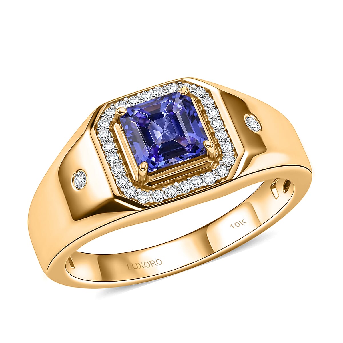 Luxoro Asscher Cut Premium Tanzanite and Diamond I2 1.50 ctw Men's Ring in 10K Yellow Gold 5.85 Grams