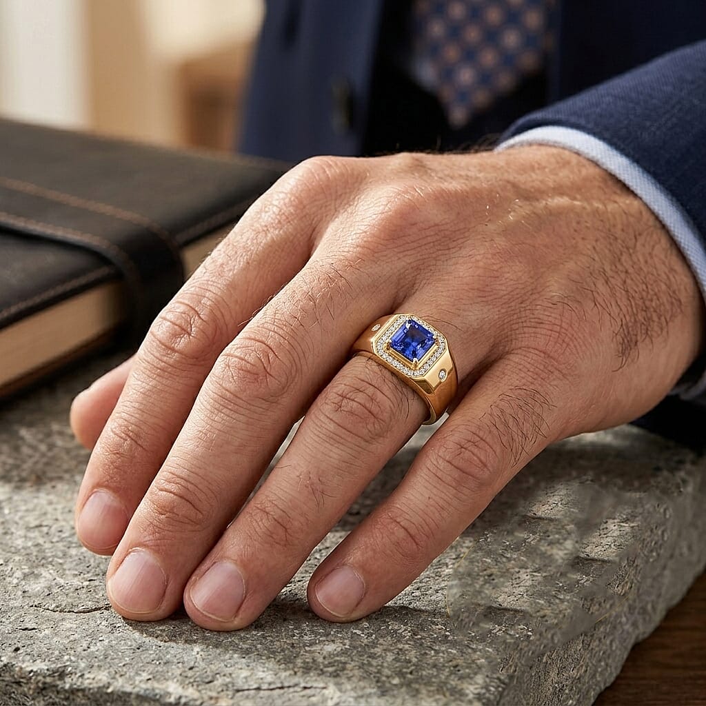 Luxoro Asscher Cut Premium Tanzanite and Diamond I2 1.50 ctw Men's Ring in 10K Yellow Gold (Size 9.0) 5.85 Grams