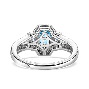 D'Joy Premium Cambodian Blue Zircon, Moissanite Ocean Majesty Ring in Rhodium Over Sterling Silver (Size 10.0) 2.10 ctw