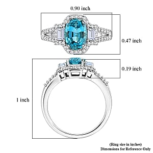 D'Joy Premium Cambodian Blue Zircon, Moissanite Ocean Majesty Ring in Rhodium Over Sterling Silver (Size 10.0) 2.10 ctw