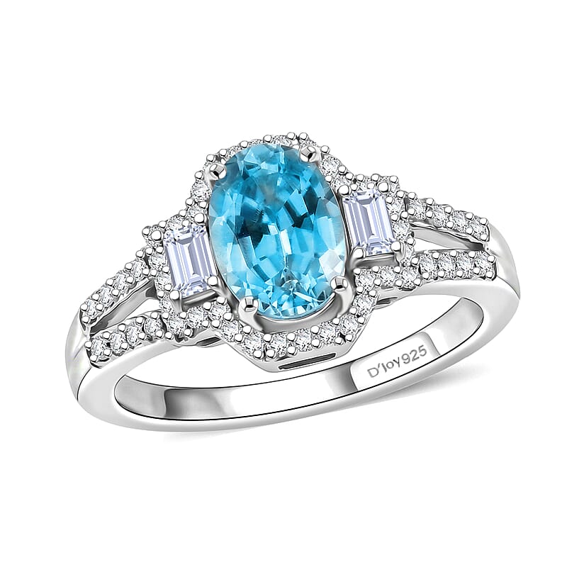 D'Joy Premium Cambodian Blue Zircon and Moissanite 2.10 ctw Ocean Majesty Ring in Rhodium Over Sterling Silver (Size 6.0)
