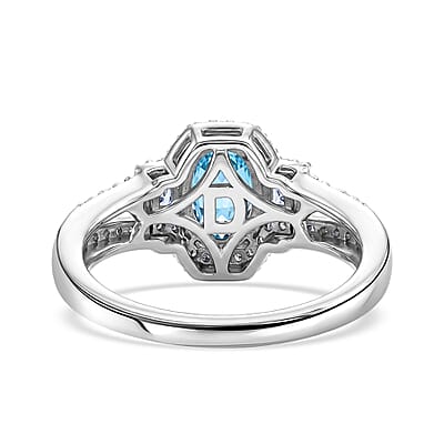 D'Joy Premium Cambodian Blue Zircon and Moissanite 2.10 ctw Ocean Majesty Ring in Rhodium Over Sterling Silver (Size 6.0)