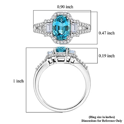 D'Joy Premium Cambodian Blue Zircon and Moissanite 2.10 ctw Ocean Majesty Ring in Rhodium Over Sterling Silver (Size 6.0)