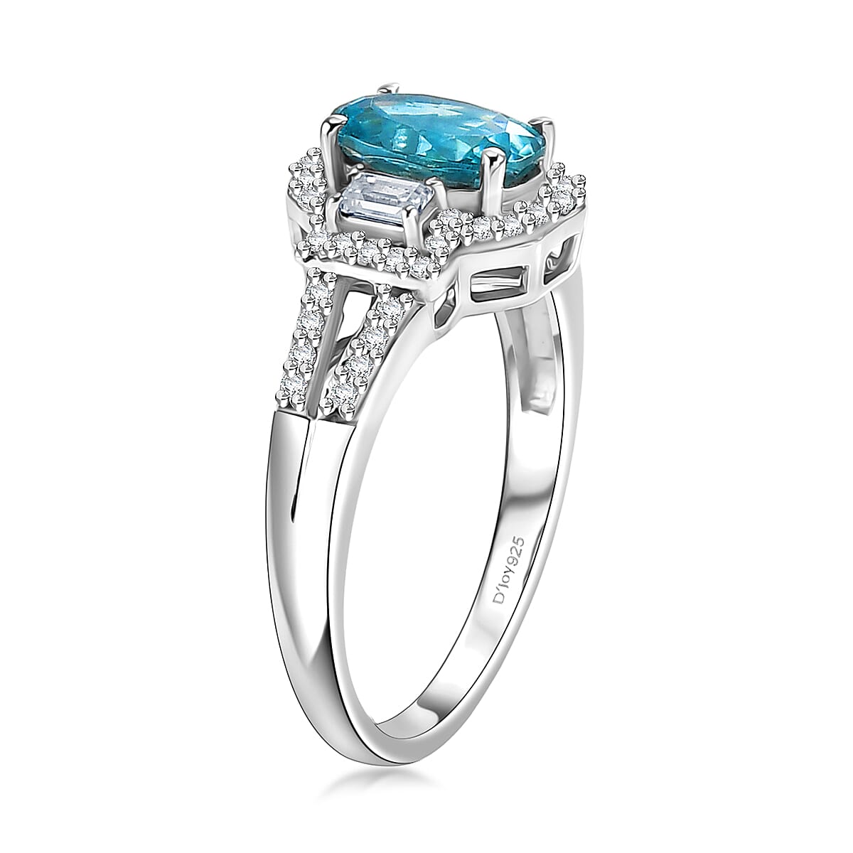 D'Joy Premium Cambodian Blue Zircon and Moissanite 2.10 ctw Ocean Majesty Ring in Rhodium Over Sterling Silver (Size 7.0) image number 3