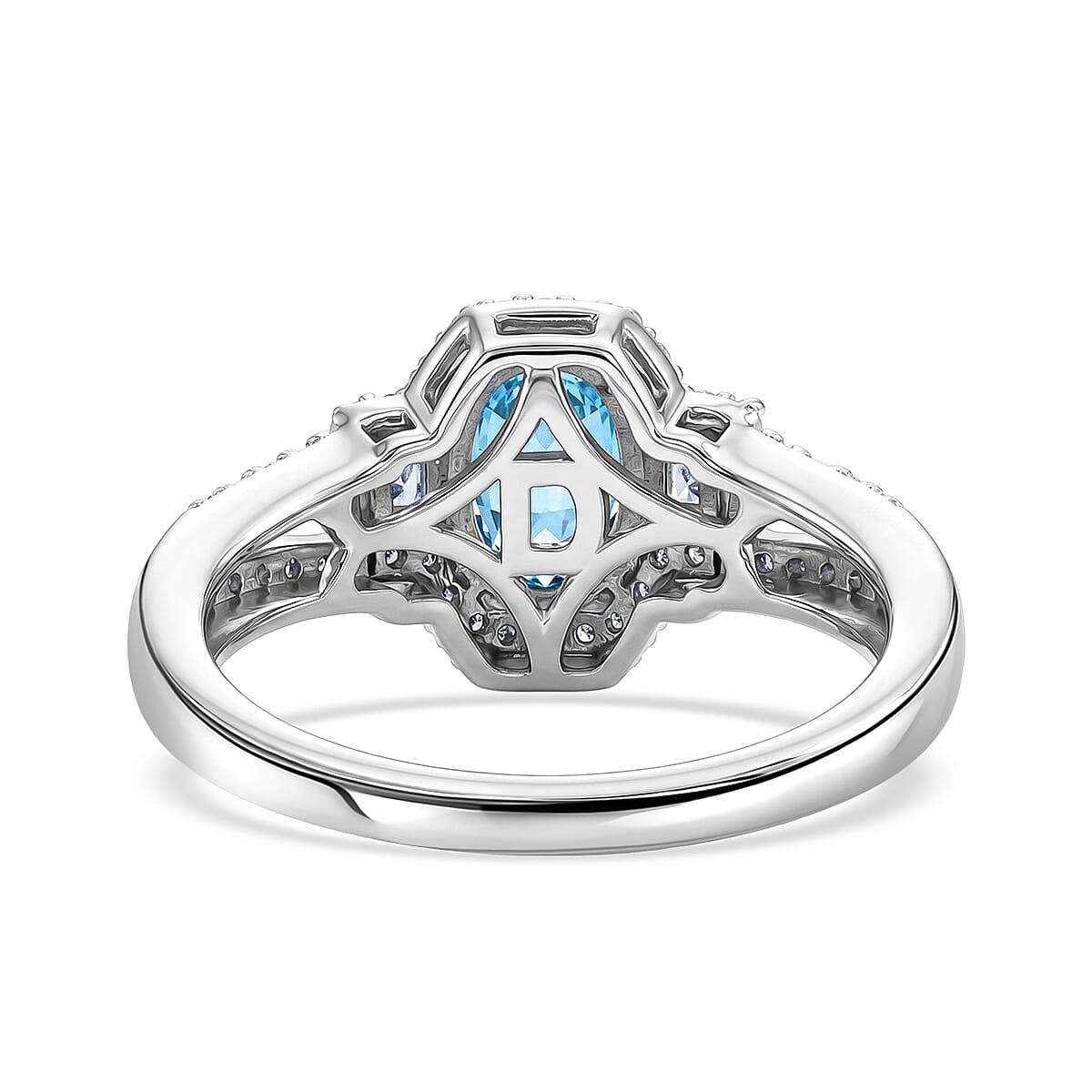 D'Joy Premium Cambodian Blue Zircon and Moissanite 2.10 ctw Ocean Majesty Ring in Rhodium Over Sterling Silver (Size 7.0) image number 4