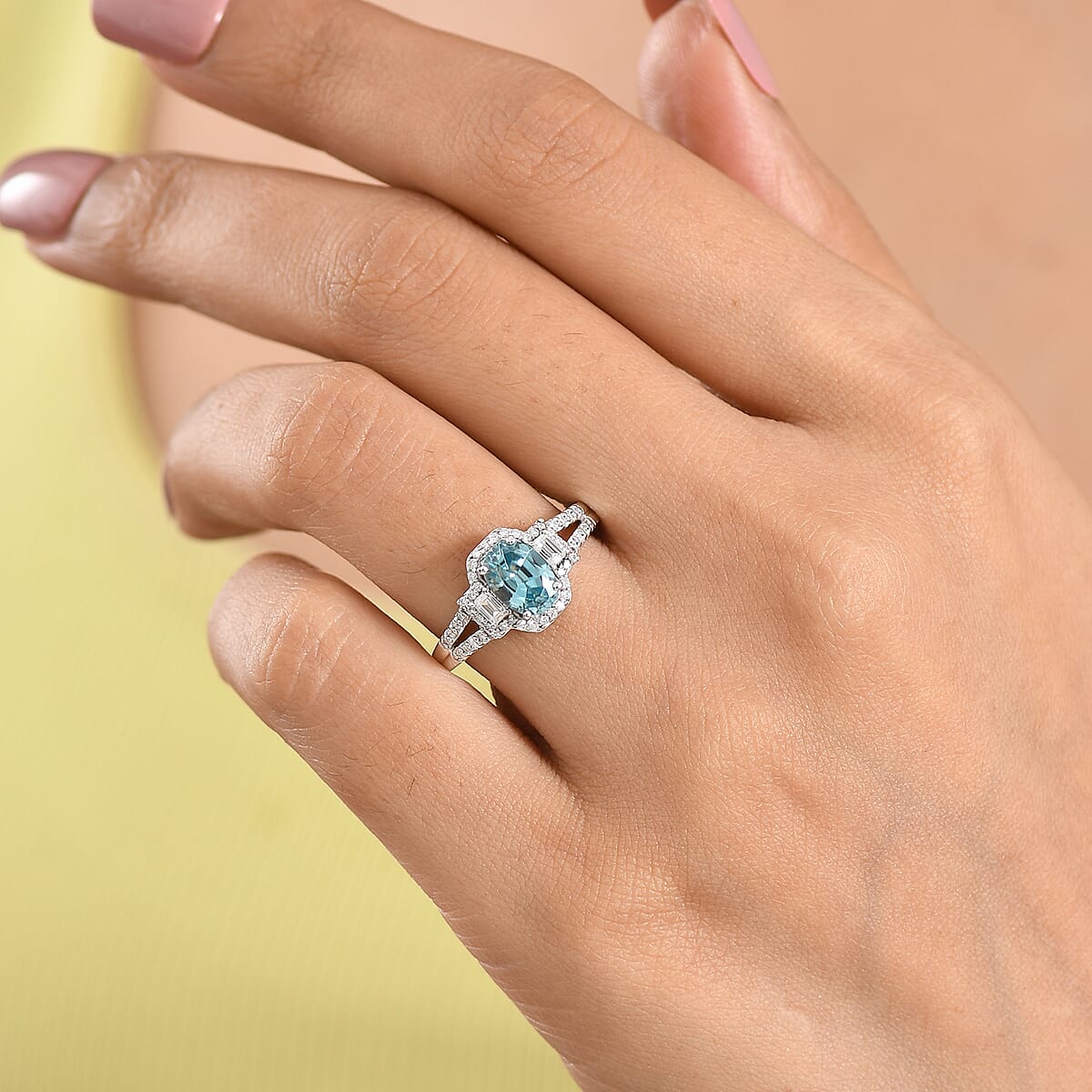 D'Joy Premium Cambodian Blue Zircon and Moissanite 2.10 ctw Ocean Majesty Ring in Rhodium Over Sterling Silver (Size 8.0) image number 2
