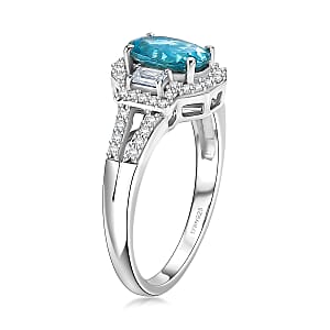 D'Joy Premium Cambodian Blue Zircon and Moissanite 2.10 ctw Ocean Majesty Ring in Rhodium Over Sterling Silver (Size 8.0)