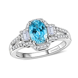 D'Joy Premium Cambodian Blue Zircon and Moissanite 2.10 ctw Ocean Majesty Ring in Rhodium Over Sterling Silver (Size 9.0)