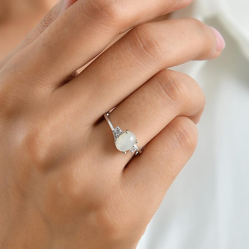 D'Joy Sri Lankan Silver Moonstone and White Zircon 1.70 ctw Ring in Rhodium Over Sterling Silver (Size 6.0)
