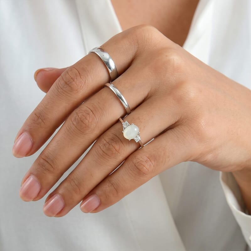 D'Joy Sri Lankan Silver Moonstone and White Zircon 1.70 ctw Ring in Rhodium Over Sterling Silver (Size 6.0)