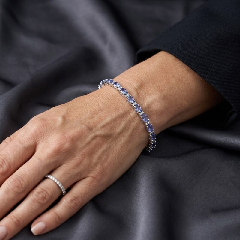 D'Joy Premium Ceylon Blue Sapphire and Moissanite 7.60 ctw Endless Radiance Flow Bracelet in Rhodium Over Sterling Silver (6.50 In)