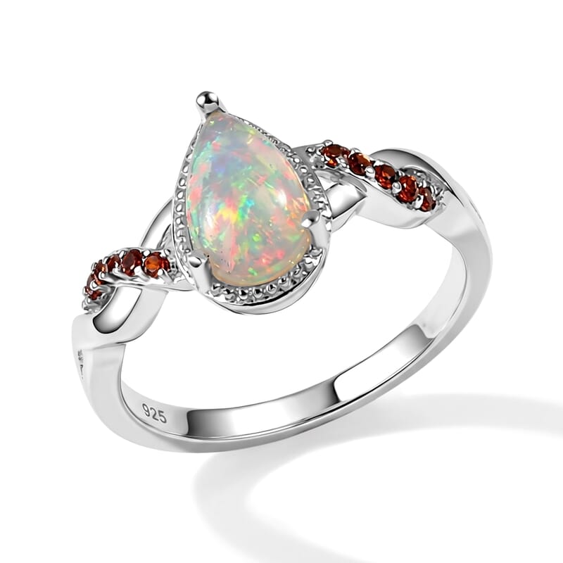 EverTrue Ethiopian Welo Opal and Mozambique Garnet 0.90 ctw Ring in Platinum Bond (Size 6.0)
