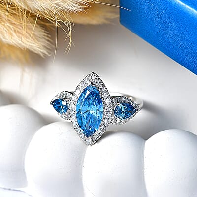 Luxuriant Lab Grown Blue Diamond IR and Lab Grown Diamond VS 2.50 ctw Trio Brilliance Halo Ring in 10K White Gold (Size 8.5)