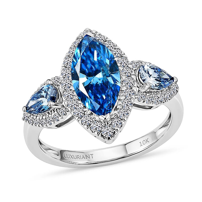 Luxuriant Lab Grown Blue Diamond IR and Lab Grown Diamond VS 2.50 ctw Trio Brilliance Halo Ring in 10K White Gold (Size 9.5)