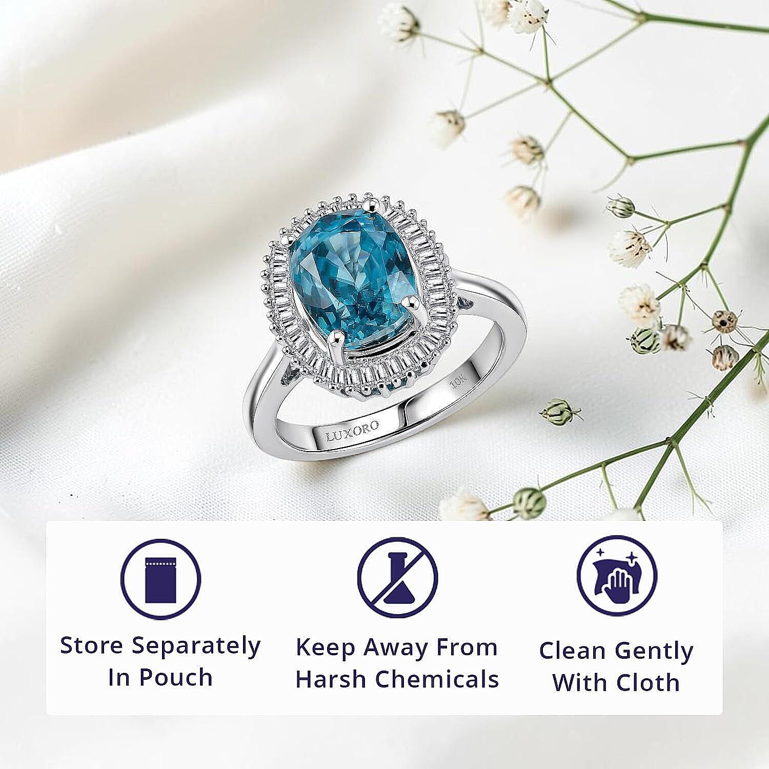 Luxoro AAA Cambodian Blue Zircon and Diamond I2 5.20 ctw Ocean Starlight Halo Ring in 10K White Gold (Size 6.5)