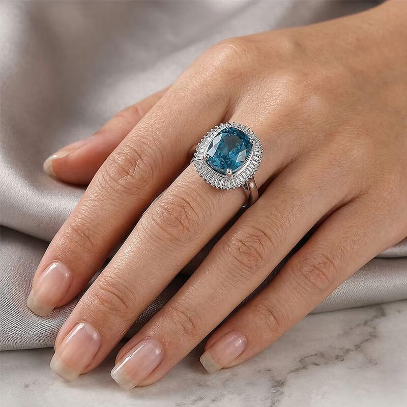 Luxoro AAA Cambodian Blue Zircon and Diamond I2 5.20 ctw Ocean Starlight Halo Ring in 10K White Gold (Size 7.5)