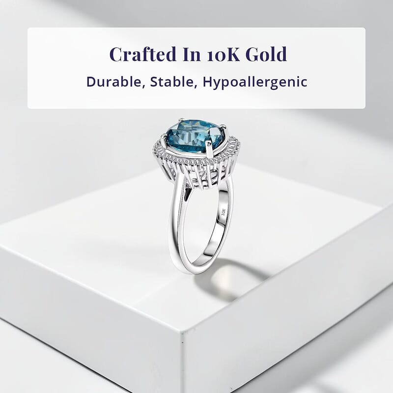 Luxoro AAA Cambodian Blue Zircon and Diamond I2 5.20 ctw Ocean Starlight Halo Ring in 10K White Gold (Size 7.5)