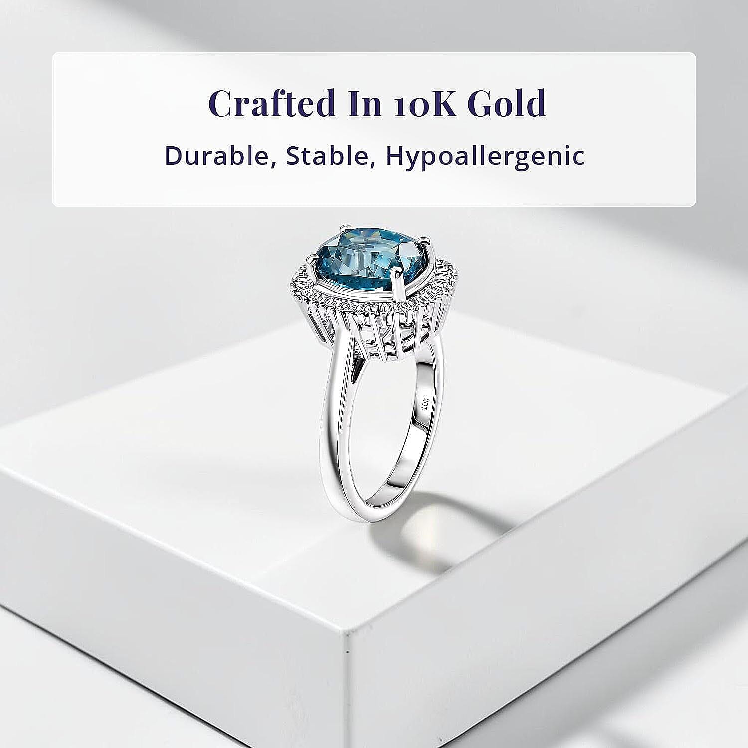 Luxoro AAA Cambodian Blue Zircon and Diamond I2 5.20 ctw Ocean Starlight Halo Ring in 10K White Gold (Size 9.5)